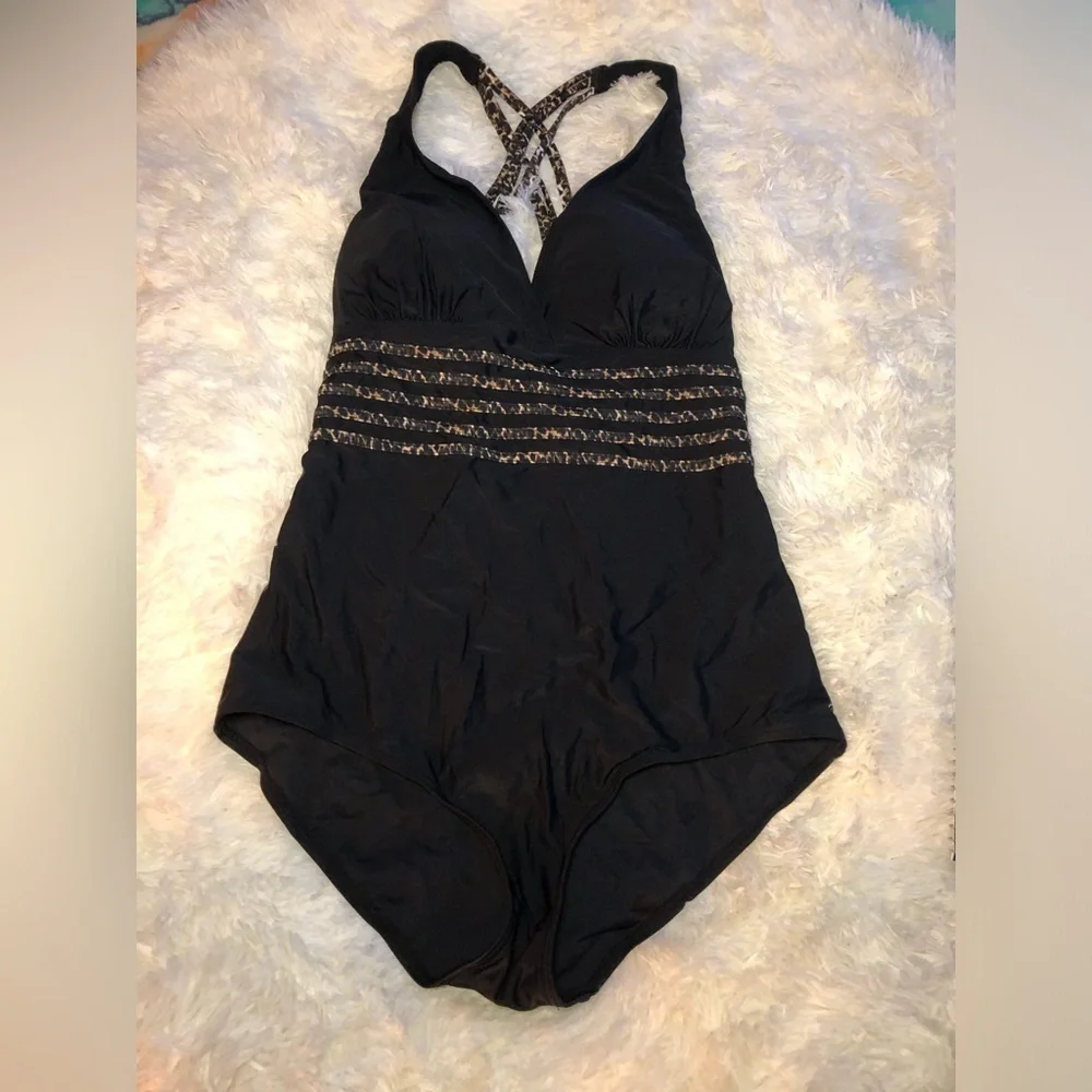 Black One-Piece Swimsuit with Patterned Straps